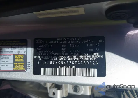 2015 Kia Optima Ex from USA, damaged, VIN 5XXGN4A76FG360626